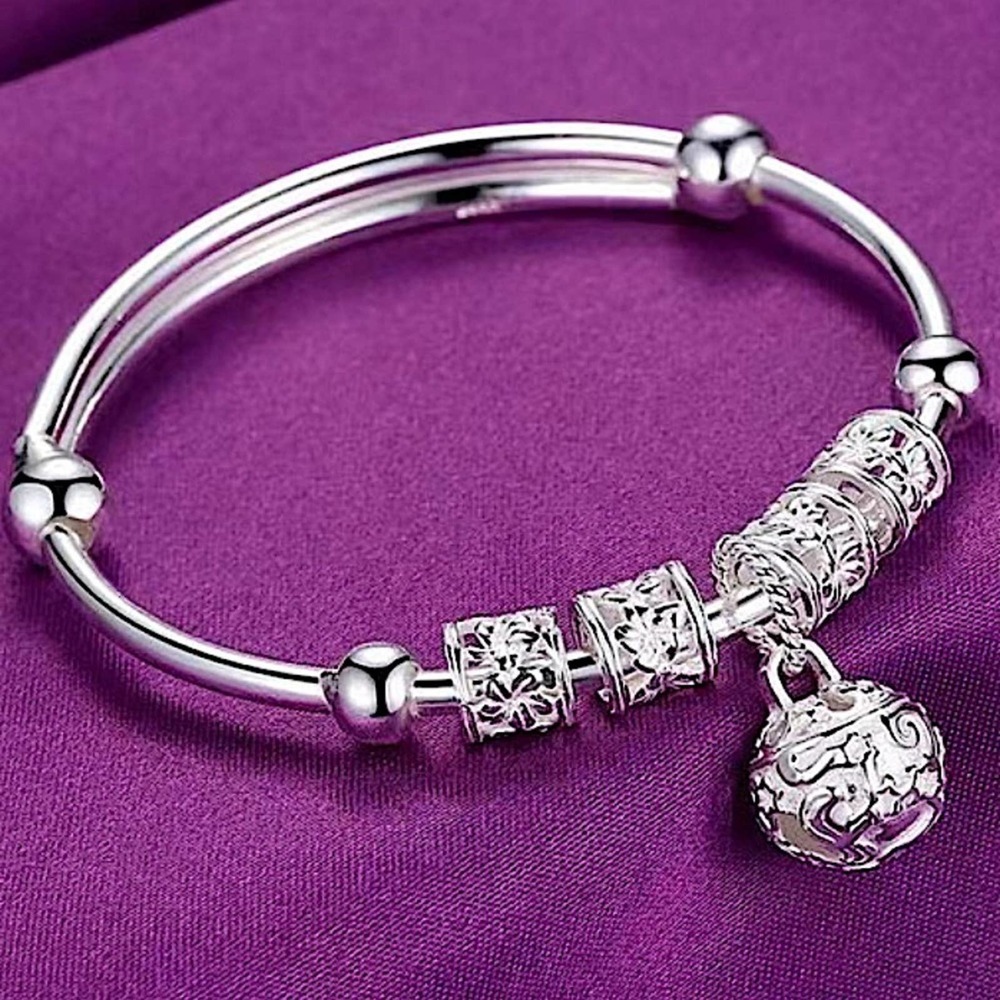 Boho Sterling Silver Resizable Ball Charm Bangle Bracelet - Picture 8 of 14